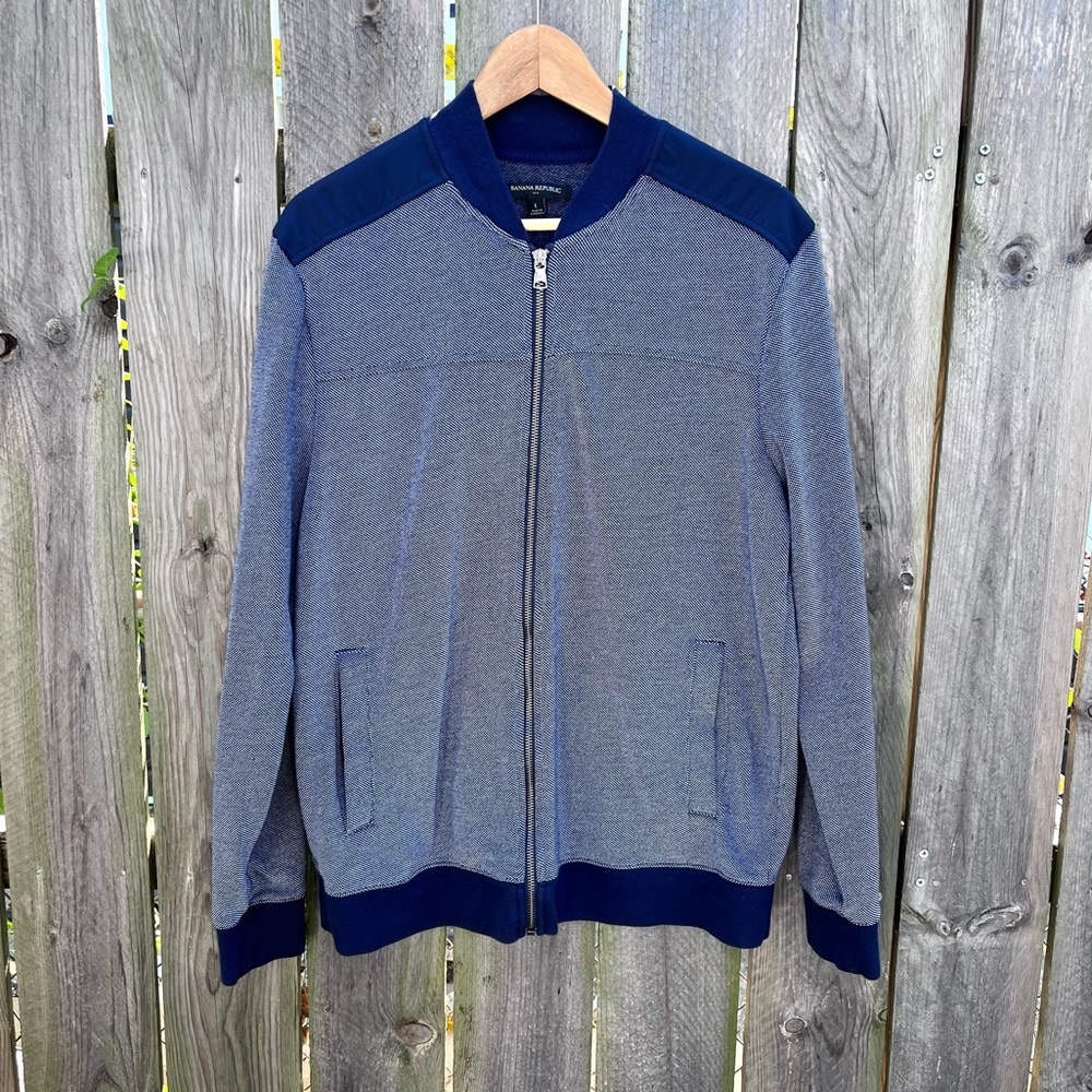Banana Republic | Cotton Blend Knit Light Weight Bomber Jacket Navy/Grey Size L